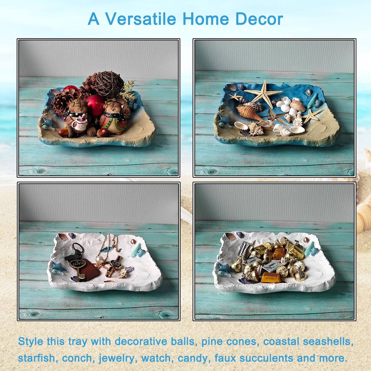 Afadorable White Resin Ocean Tray, Decorative Seashell Starfish Conch Bowl Key Trinket Storage, Coastal Centerpiece Table Decor for Home Living Room Kitchen, Beach Themed Wedding Party Decor