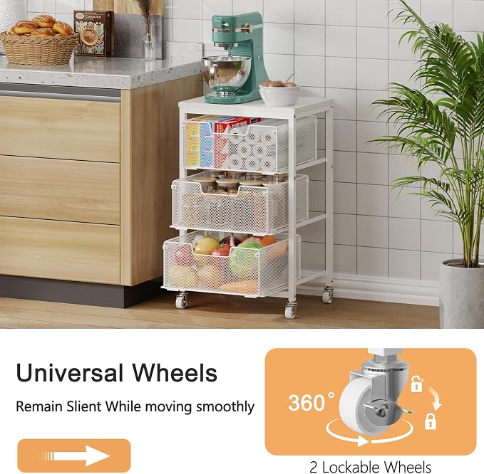 Kitchen Cart with Storage, 3-Tier Pantry Organizer and Storage Cart with Drawer, Fruit Vegetable Storage Cart with Wheels, Wooden Top Metal Wire Kitchen Organizer Rack Stand for Snack Onion Potato