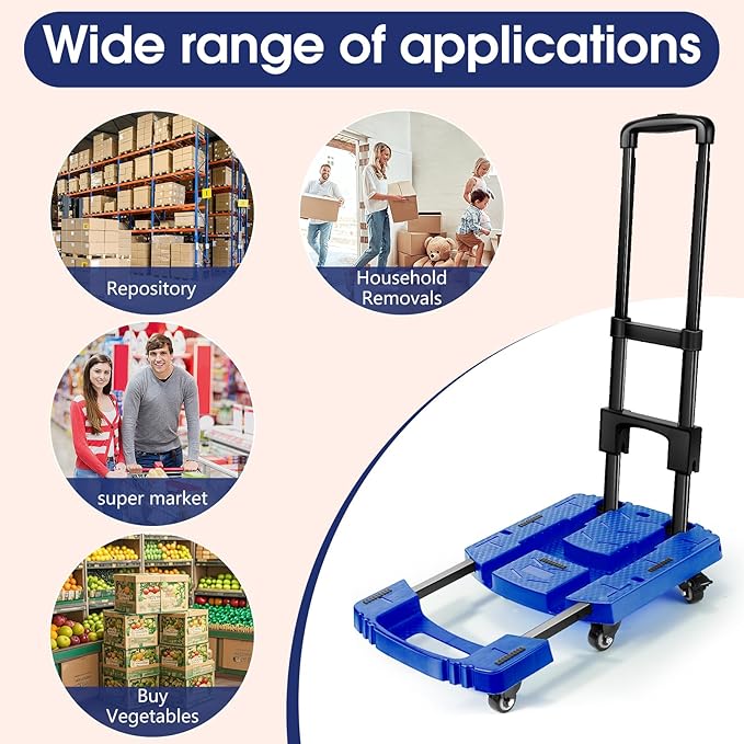 Voipvvii Folding Hand Truck 500lbs, Portable Heavy Duty Dolly Cart, 6 Wheels Collapsible Luggage Cart with 2 Elastic Ropes - Compact Trolley Cart for Easy Moving - Ideal Hand Cart for Travel and More