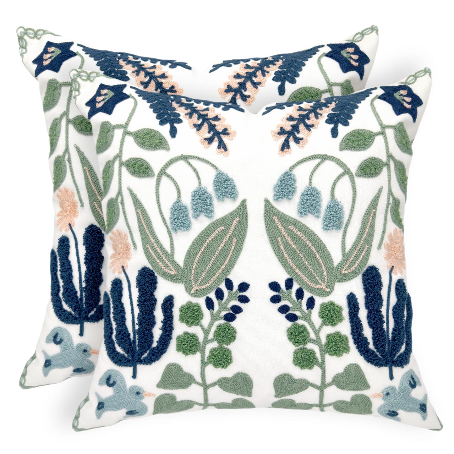 Alysheer Spring Floral Embroidered Decorative Throw Pillow Covers 18"x 18" Set of 2, Farmhouse Navy Blue Flowers Green Leaves Tufted Patterned Cotton Cushion Cases for Couch Bed Living Room Decor