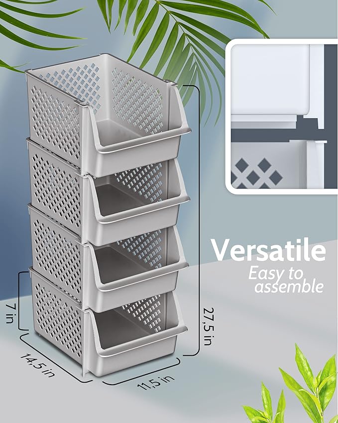 Stackable Storage Bins Open Front for Pantry Storage, 4 Pack - Light Grey | Sturdy Plastic, Easy Stacking, Open Front Access, Ventilated Sides, Vertical & Space Saving Pantry Organizers and Storage Bin