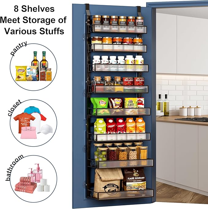 Over the Door Pantry Organizer 8 Tier Hanging Door or Wall Mounted Spice Rack with Adjustable Acylic Basket,Heavy Duty Metal Seasoning Storage Shelf for Kitchen Pantry and Bathroom