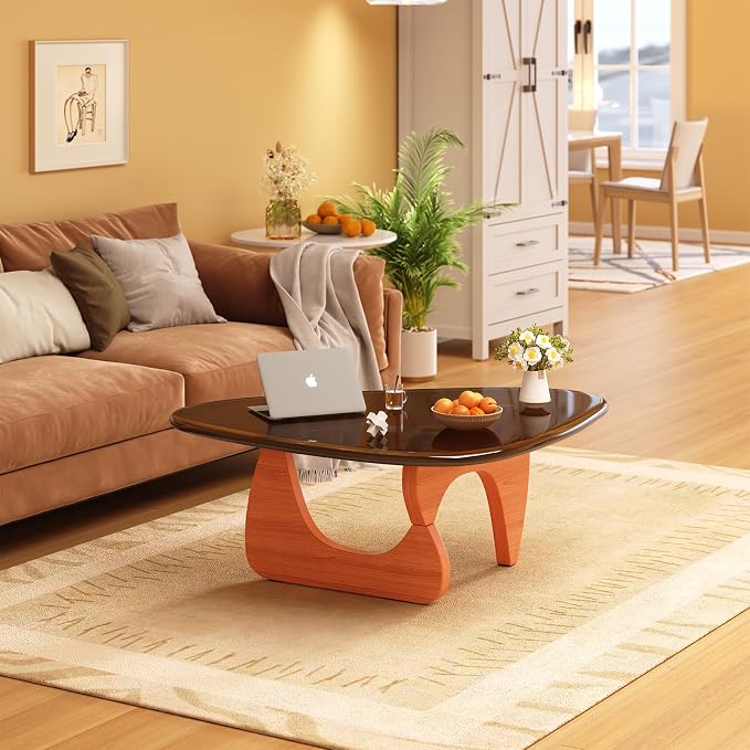 Coffee Table for Living Room Mid Century Modern Center Small Table with Glass Top and Wood, Walnut Brown(32 Inch)