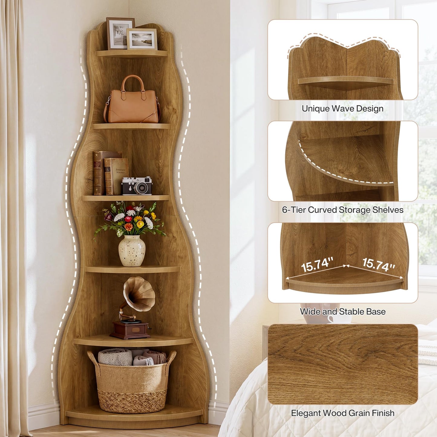 Tribesigns Modern Wavy Corner Shelf, 68.9-Inch 6-Tier Wall Corner Display Bookshelf, Unique Tall Bookcase Storage Rack Plant Stand for Small Space, Living Room, Home Office, Bedroom, Rustic