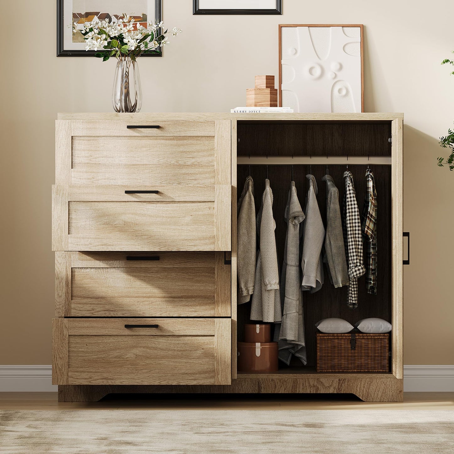 GarveeHome Multifunctional Wooden Dresser for Bedroom, 43.3 in H 2 Door Wardrobe Armoire Closet with 4 Drawers and Hanging Rod, Low Storage Cabinet for Hanging Cloth, Natural Oak