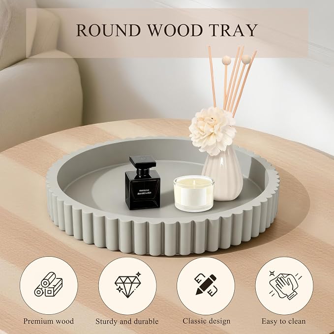 Decorative Tray for Coffee Table Decor, 11" Round Wooden Coffee Table Tray, Modern Decorative Trays for Home Decor, Living Room, Entry, Dining Room (Grey)