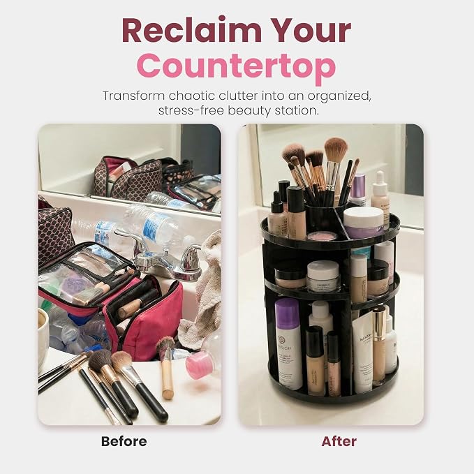 360 Rotating Makeup Organizer - Adjustable Shelf Height and Fully Rotatable. The Perfect Cosmetic Organizer for Bedroom Dresser or Vanity Countertop. (Black)