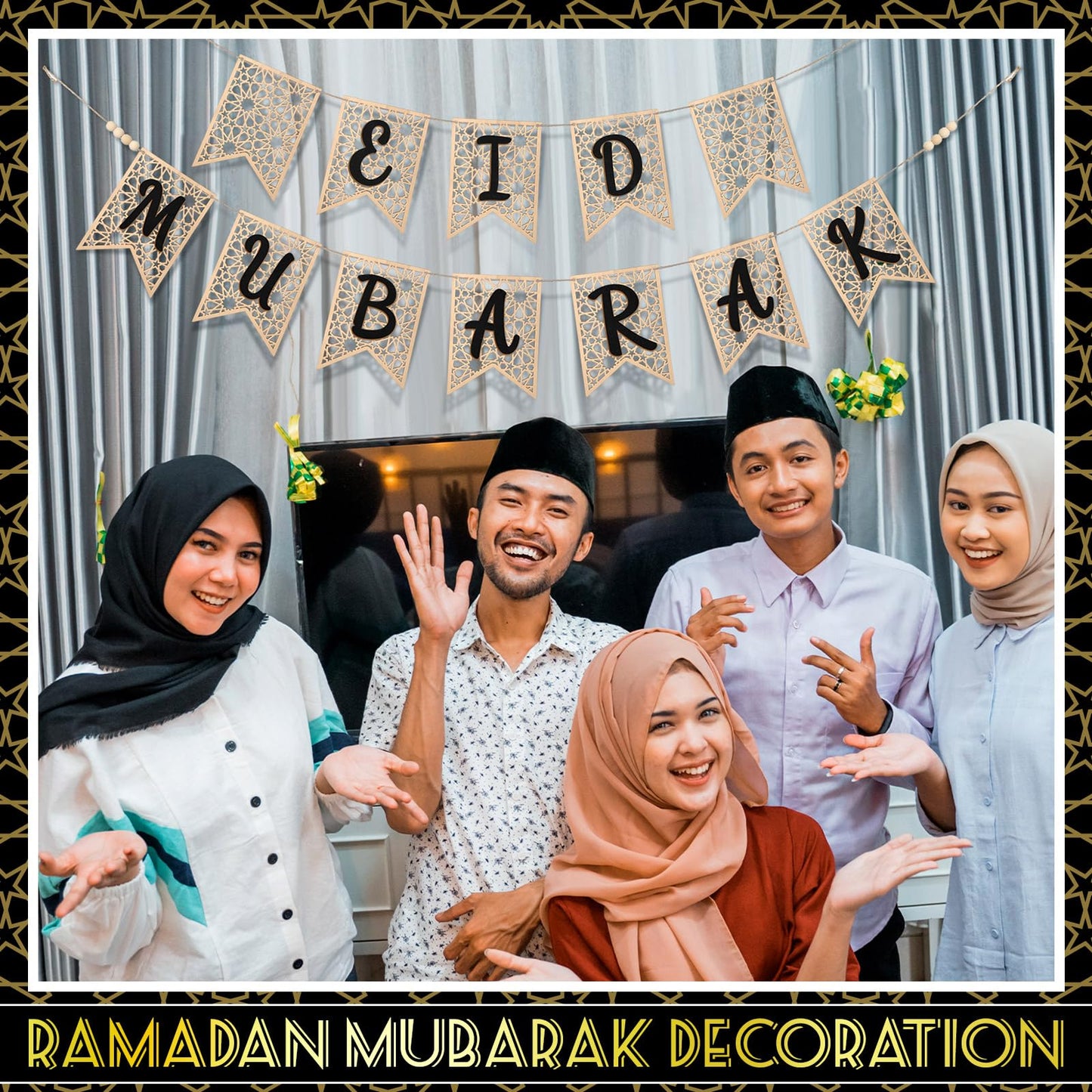 Menkxi 2 Pcs Eid Mubarak Banner Decorations Wooden Ramadan Eid Decoration for Home Rustic Ramadan Mubarak Garland Hanging Supplies for Mantel Fireplace Muslim Home Indoor Outdoor Party(Natural, Black)