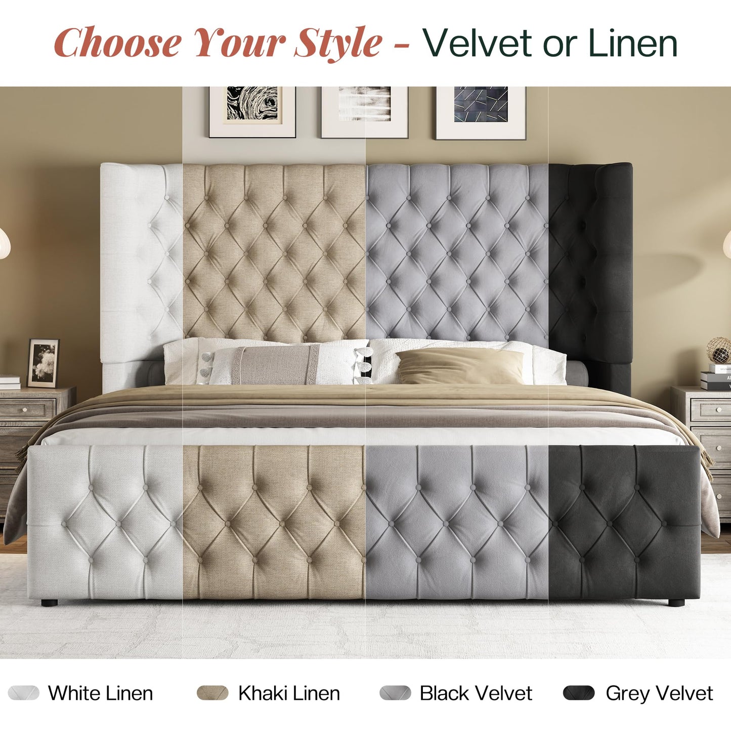 Jocisland Queen Size Platform Bed Frame, 6.3" Thick Upholstered Curved Wingback Headboard and Footboard with Deep Button Tufted, Easy Assembly, No Box Spring Needed, Khaki Linen
