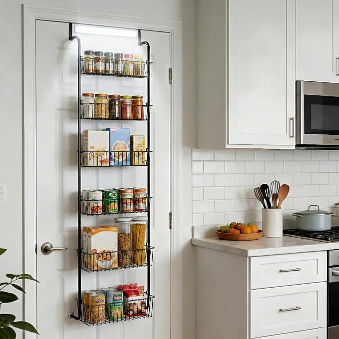 Over Door Organizer Storage - 6 Tier Black Metal Over the Door Pantry Organizer Heavy Duty Hanging Storage Rack, Behind Cabinet Shelves for Home, Kitchen, Bathroom, Closet, Pantry