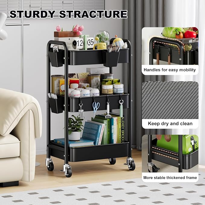 3 Tier Rolling Cart Metal with Wheels, Black Three Tiered Art Cart Organizer on Wheels, Storage Utility Trolley Carts for Kithcen, Craft, Nail, Lash, Makeup, Salon,Bedside, Bathroom, Office, Snack