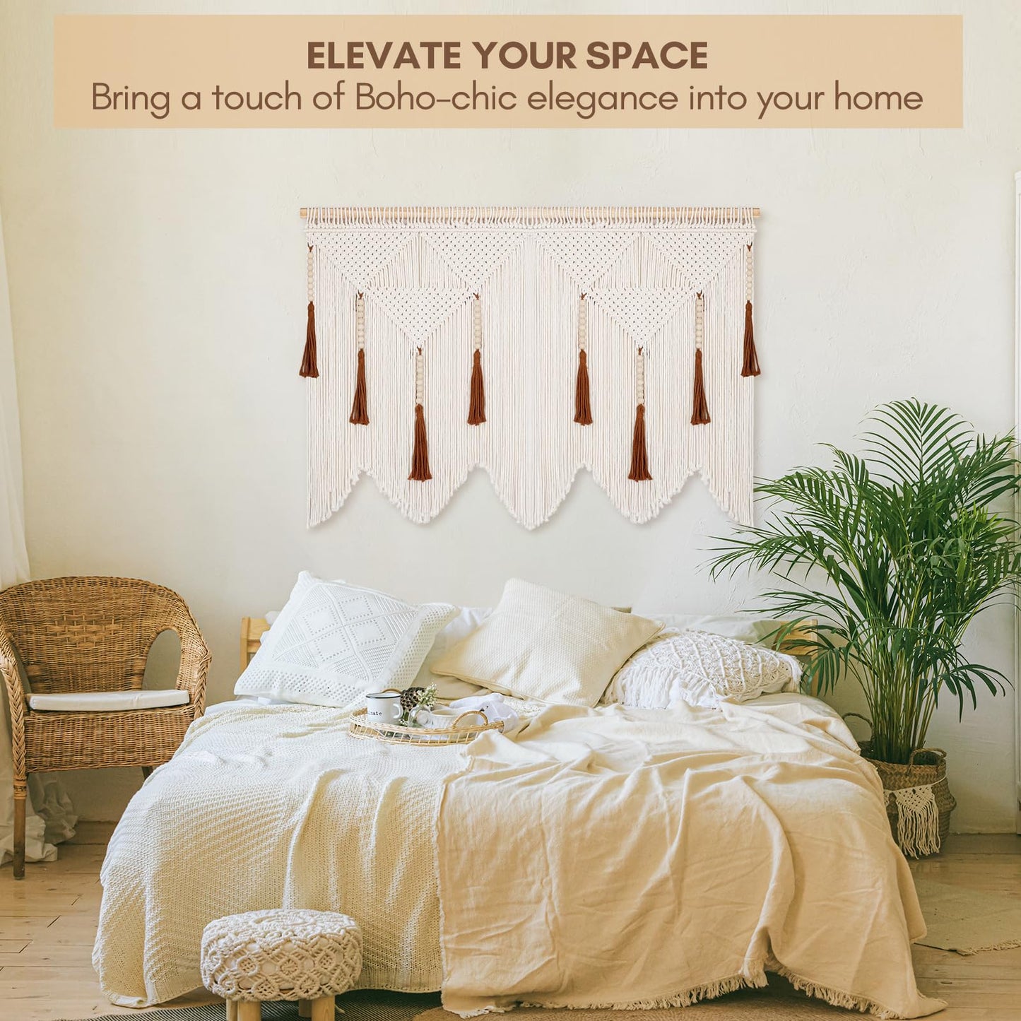 ANROYE Large Macrame Wall Hanging, Boho Woven Tapastry with Wood Bead Tassel, Above Bed Minimalist Decor for Bedroom, Bohemian Art Decoration for Living Room Apartment Home