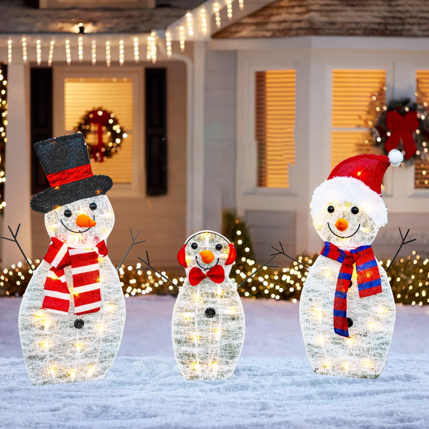 HOURLEEY Christmas Decoration 60 L Lighted Snowman Family Outdoor, 3-Piece Waterproof Plug in 2D Snowman for Yard Patio Lawn Garden Party Decor 29X12.2Inch-Large (Warm White)