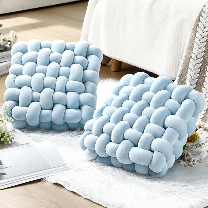 Wenqik 2 Pcs Knot Pillows Square Knotted Plush Throws Soft Accent Pillows Decoration Cushion for Couch Home Office Living Room Bedroom Bed Sofa Decor, 12'' x 13''(Ice Blue,Crystal Velvet)