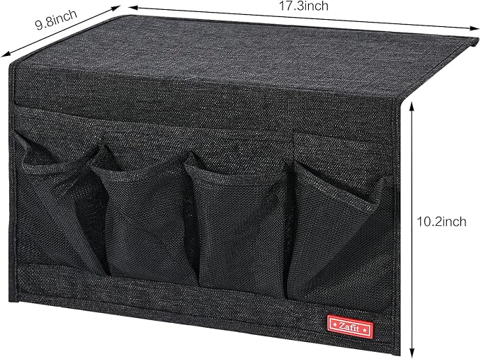 Zafit Linen 6 Pockets Bedside Caddy, Bedside Storage Organizer for Magazine, Remotes, Phone (Black)