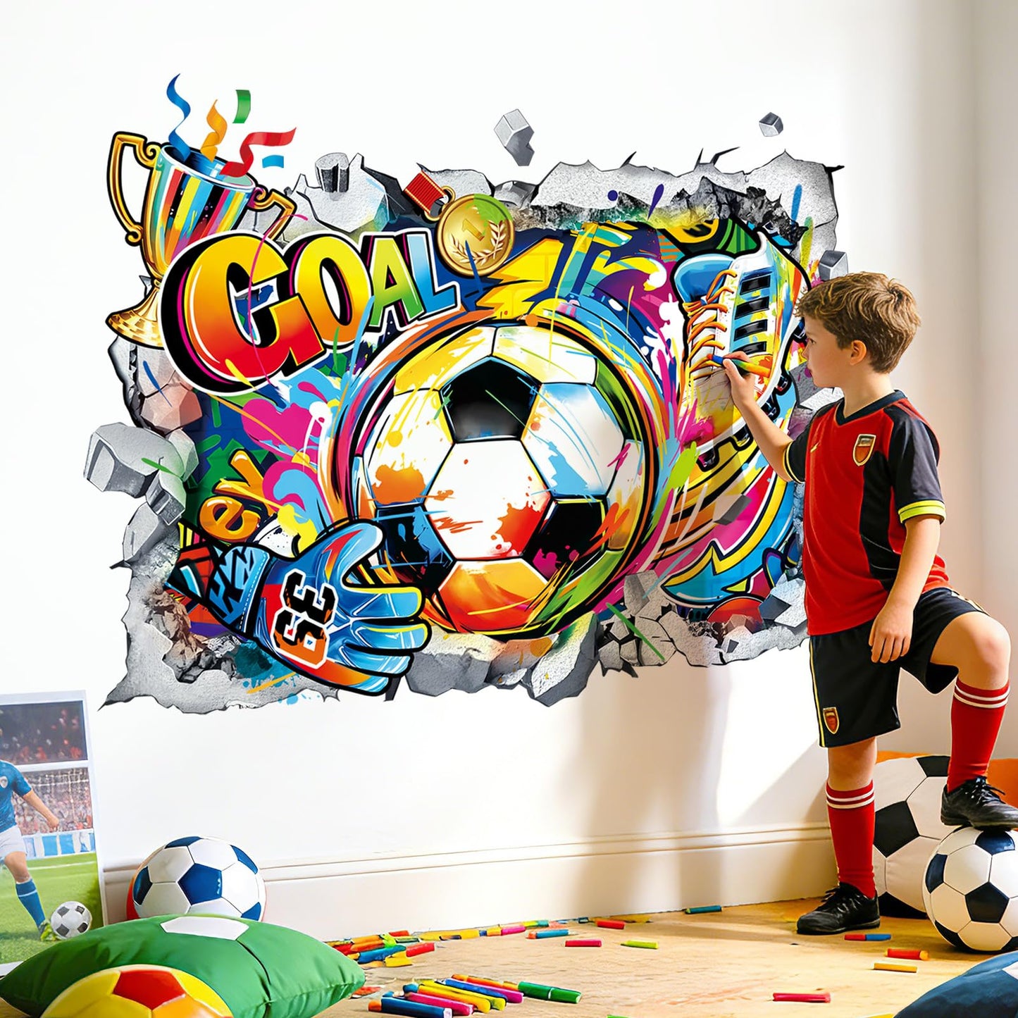 decalmile 3D Soccer Wall Stickers Football Sport Breakthrough Wall Decals Boys Bedroom Playroom Teenager Room Home Decor