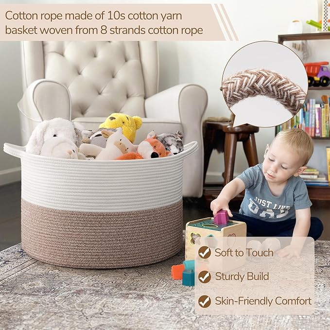 INDRESSME Large Blanket Basket, Laundry Toy Storage Baskets, Decorative Woven Basket for Living Room & Nursery, Baskets for Gifts Empty, Laundry, Dog Toys, Towels, White & Brown, 19.7" D x 12.6" H