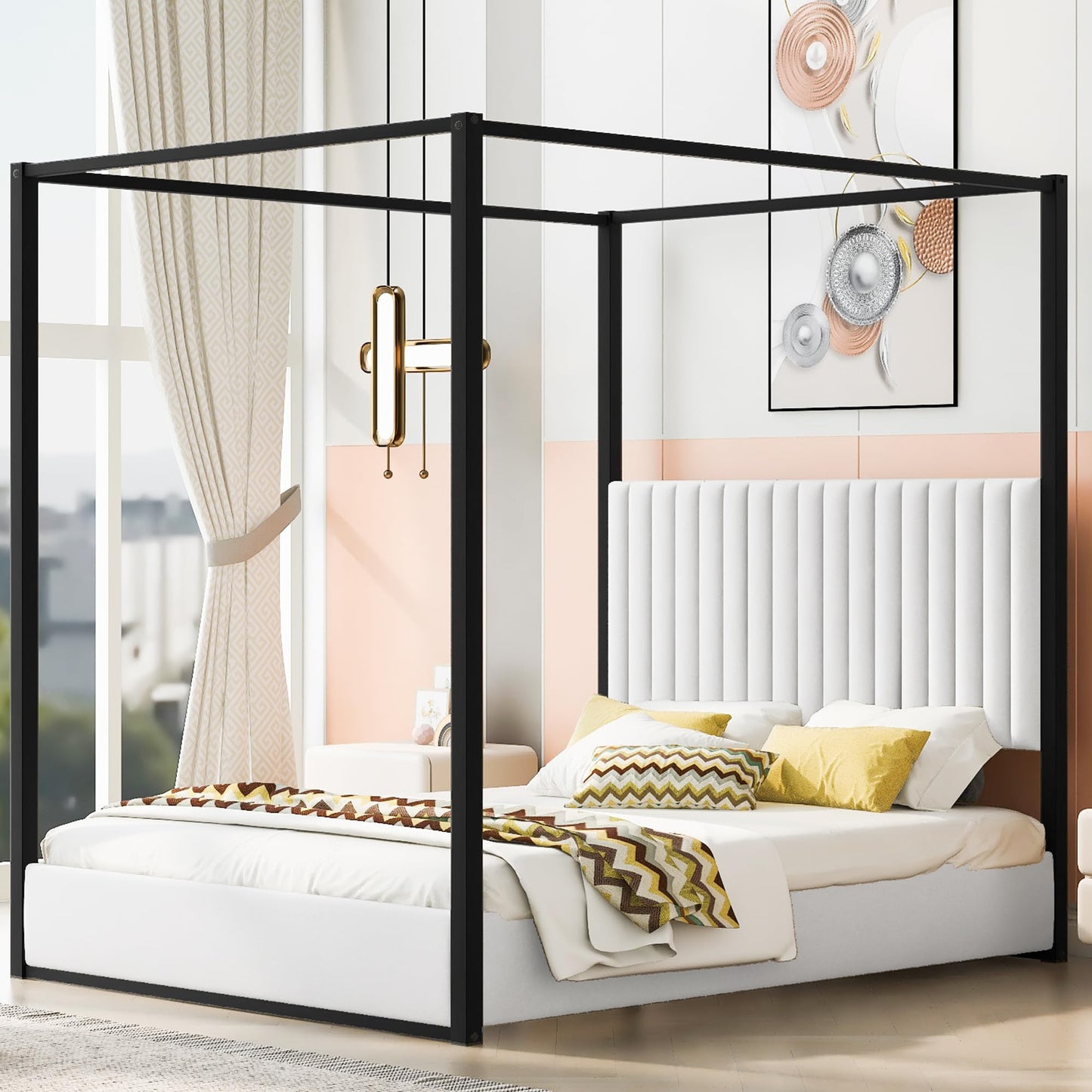 GDFStudio Queen Size Canopy Bed Frame with Upholstered Headboard, Metal Frame Platform Design, Four Poster Metal Frame Bed, Romantic Bedroom Decor, Modern Bedroom Furniture, Black White