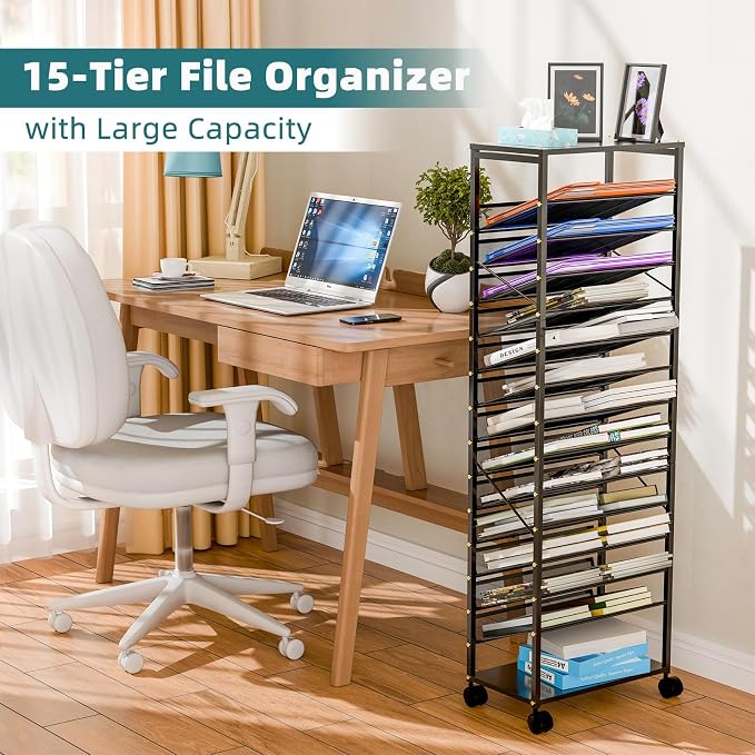 Ekisemio 15 Tier Rolling File Cart, Sturdy and Durable Desk File Organizer with Metal Mesh Letter Tray, Heavy-Duty Rolling Clutter Cart for Office, Home, School, Black