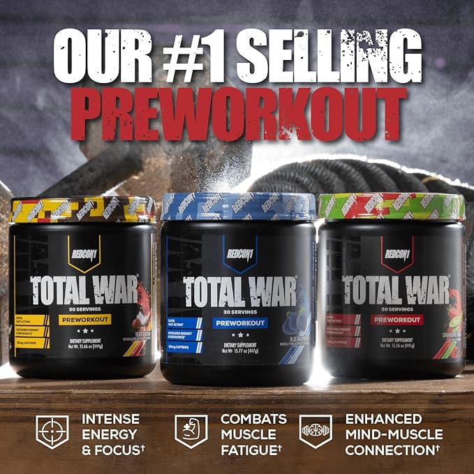 REDCON1 Total War Pre Workout, Green Apple - Fast Acting Caffeinated Preworkout for Men + Women with Beta Alanine - Contains Citrulline Malate for Increased Pump, Blood Flow (30 Servings)