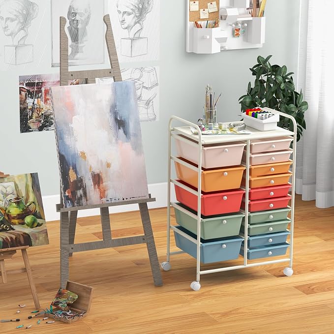 Giantex 15 Drawers Rolling Cart, Classroom Organizers, Storage Cart with Wheels, for Teacher Office Home School Supplies Tool Craft Art Paper