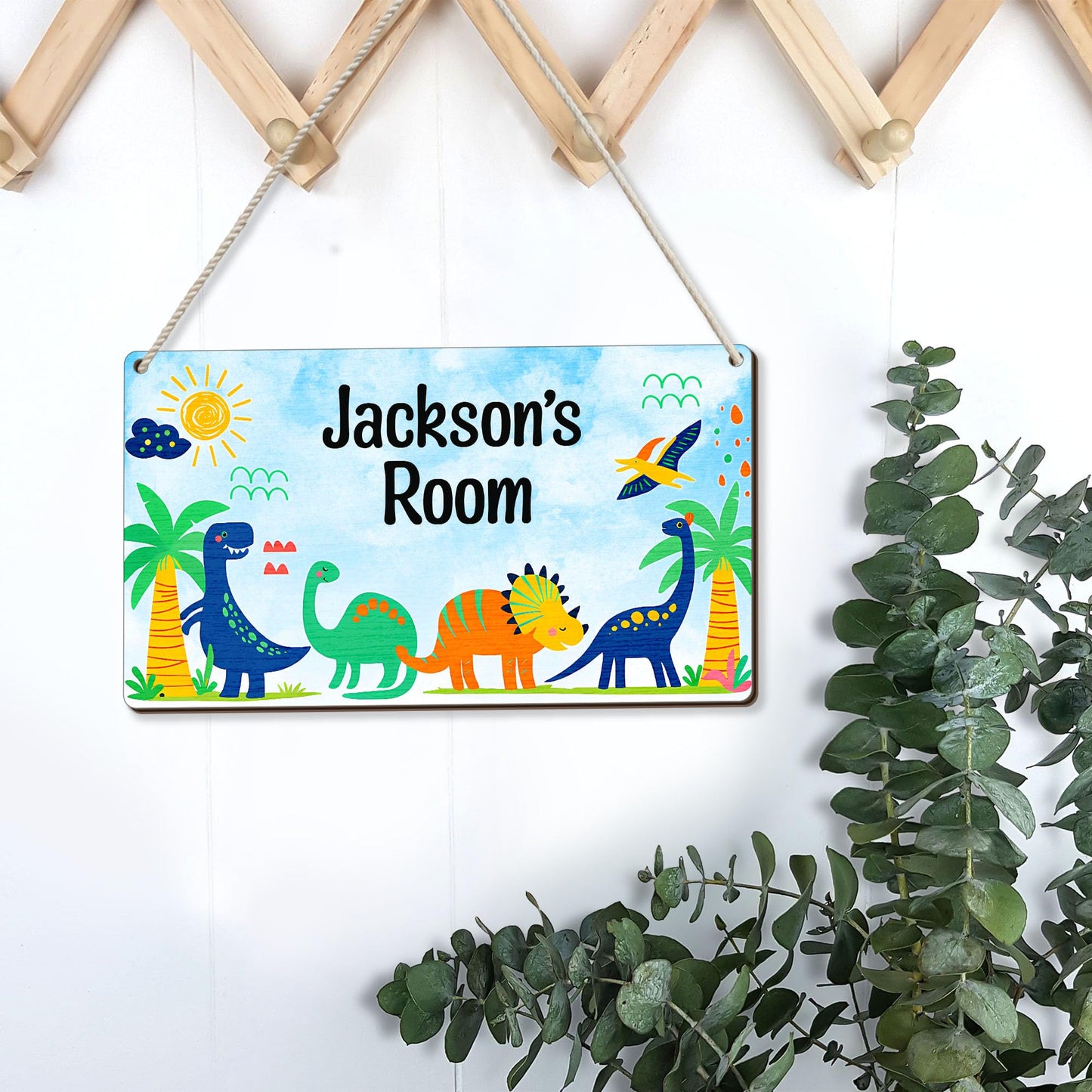 Personalized Hanging Dinosaur Wood Sign w/Alphabet Stickers, DIY Custom Kid's Name Door Sign Triceratop & Brontosaur Dinosaur, Baby Boys Bedroom Nursery Plaque Wall Art Decor Gifts From Mom Dad