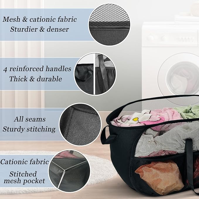 Upgraded Cationic XL Collapsible Laundry Baskets, 100L Extra Large Mesh Pop Up Hamper with Handles and bag, Portable Stair Basket, Dirty Clothes Hamper for Cruise Travel Bedroom. Black