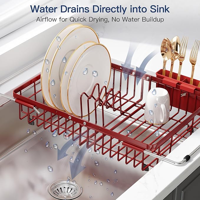 JASIWAY Red Expandable Stainless Steel Dish Drying Rack Over The Sink for Small Kitchen, Counter Space Saving Compact Plate Drainer Strainer, Adjustable Hanging Metal Dish Dryer with Utensil Holder