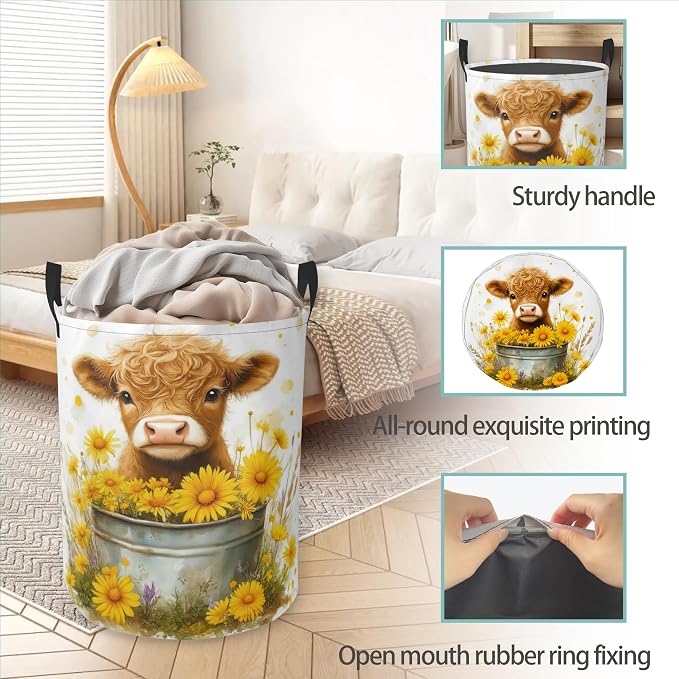 Cute Highland Cow Round Laundry Basket Collapsible Laundry Hamper with Handles Toys Clothes Organizer Bin For Home Bathroom Bedroom Dorm Nursery