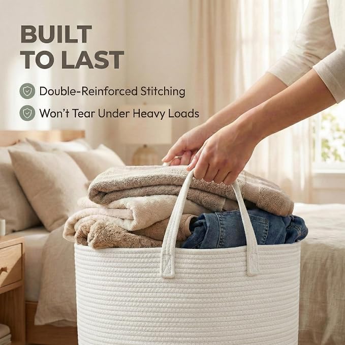 JMvicyroam 115L Extra Large Blanket Basket for Living Room - Woven Cotton Rope Laundry Hamper with Reinforced Handles - Storage Bin for Pillows, Comforters & Toys - Machine Washable,White