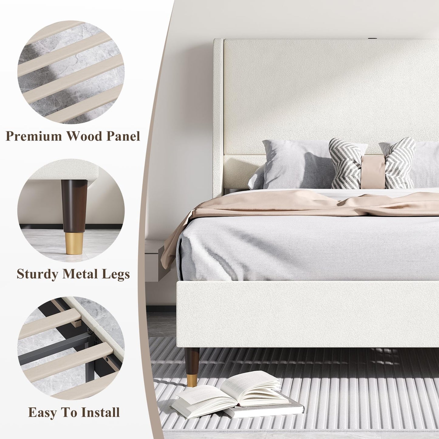 MALOL Queen Size Bed Frame with Upholstered Headboard, Linen Fabric Platform Bed Frame with USB Charging Ports, No Box Spring Needed, Sturdy Metal Support, Noise Free, Modern Bedroom Furniture,Beige