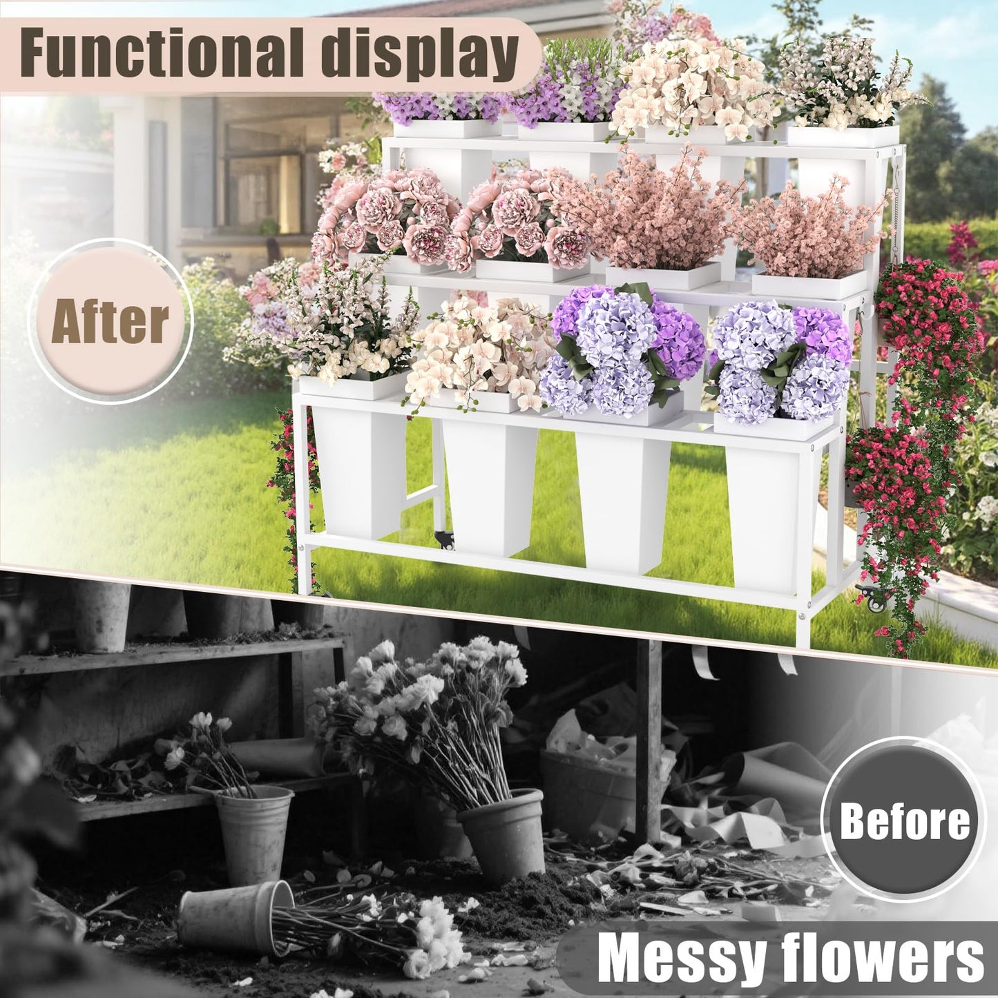 Annzoe Flower Display Stand with 12 Buckets & Wheels – 3-Tier Mobile Flower Cart, White Metal Flower Bar for Weddings, Florist Shops, Patio, Garden & Home