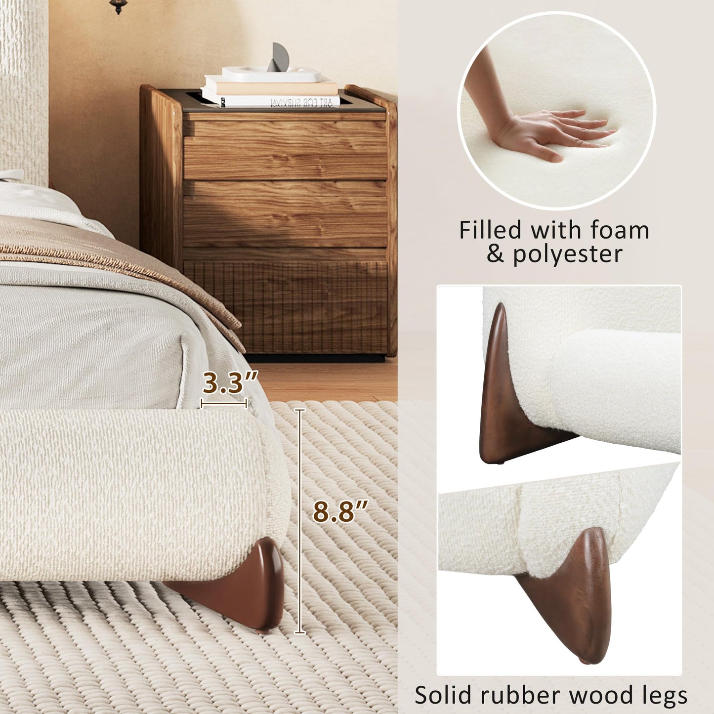 Merax Queen Size Upholstered Platform Bed with Boucle Thick Headboard, Solid Wood Anchor Legs, No Box Spring Needed, White