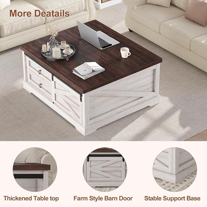 Itaar 39.4'' Lift Top Coffee Table with Storage, Farmhouse Coffee Tables for Living Room, Square Coffee Table with Large Hidden Compartment & 2 Drawers & Adjustable Shelves, Vintage White+Walnut