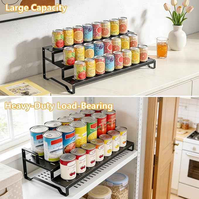 Attelite 3 Tier Expandable Can Rack Organizer for Pantry, Adjustable 13"-21" Metal Soda Can Organizer, Pantry Organization Canned Food Storage Holder for Kitchen Cabinet Countertop, Black 1Pack