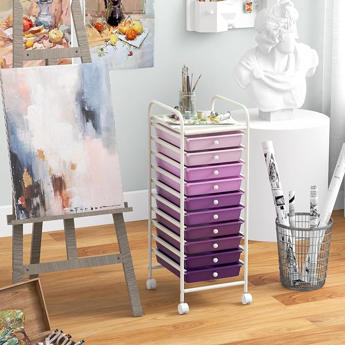 MEDIMALL 10 Drawers Rolling Storage Cart, Multipurpose Craft Storage Cart with Wheels, Mobile Tools Scrapbook Paper Organizer Cart for Office School Home Use