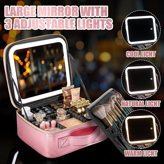 Extrei Gent Makeup Travel Train Case with Mirror LED Light 3 Adjustable Brightness Large Cosmetic Bag Portable Storage Adjustable Partition Waterproof Makeup Brushes Make up Jewelry Gift for Women