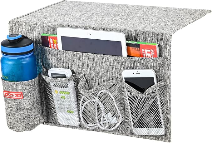 Zafit Linen 5 Pockets Bedside Caddy, Bedside Storage Organizer with Water Bottle Holder for Magazine, Remotes, Phone (Grey)