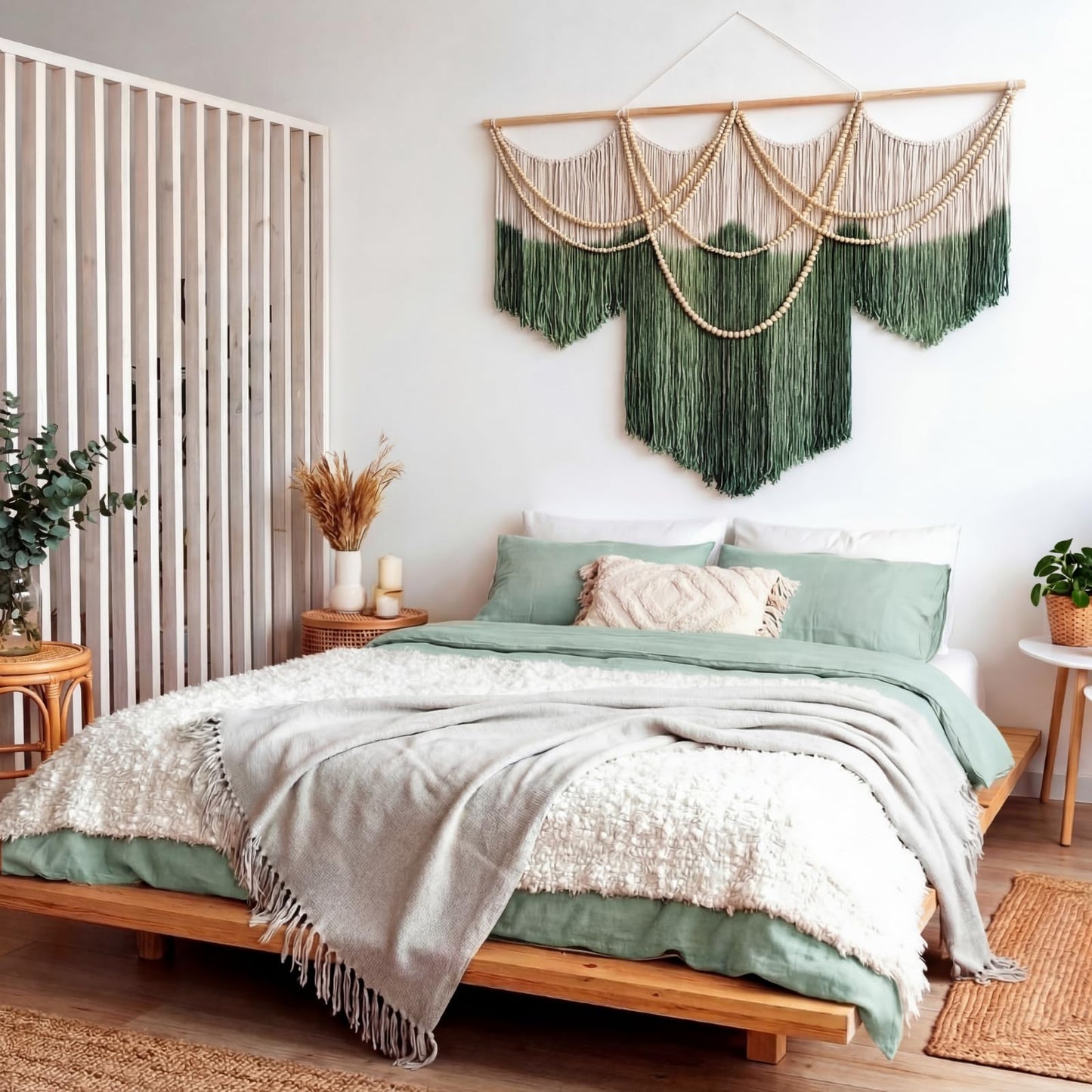 CrystalSylara Large Macrame Wall Hanging Boho Wall Decoration Art, 57" W x 43" L Green & Cream Fiber Dip-dyed Tapestry Handwoven Fiber and Wood Beads Decor for Bedroom Living Room Home Decor