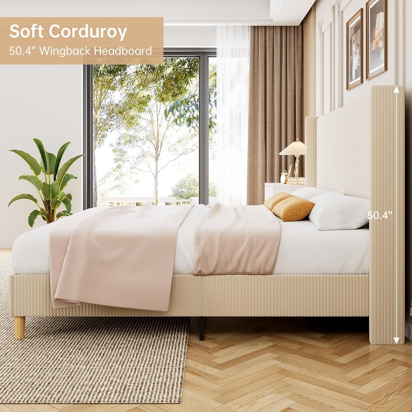 GarveeHome Full Size Bed Frame, Upholstered Platform Corduroy Bed Frame with Vertical Channel Tufted Wingback Headboard, Strong Wooden Slats, No Box Spring Needed, Easy Assembly, Creamy Beige