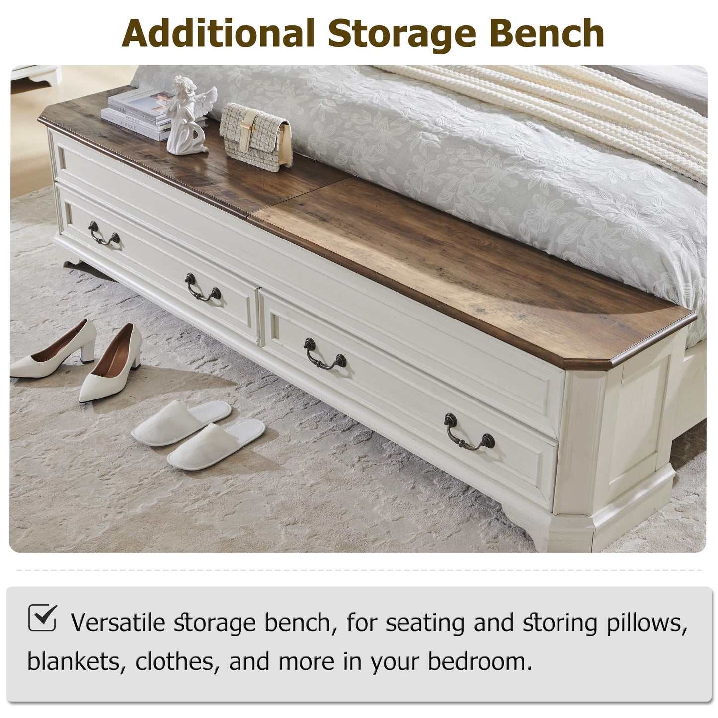 T4TREAM Farmhouse Queen Bed with Headboard and Storage Bench, Rustic Wood Platform Bed with 64" Storage Chest w/ 4 Large Drawer (Antique White)