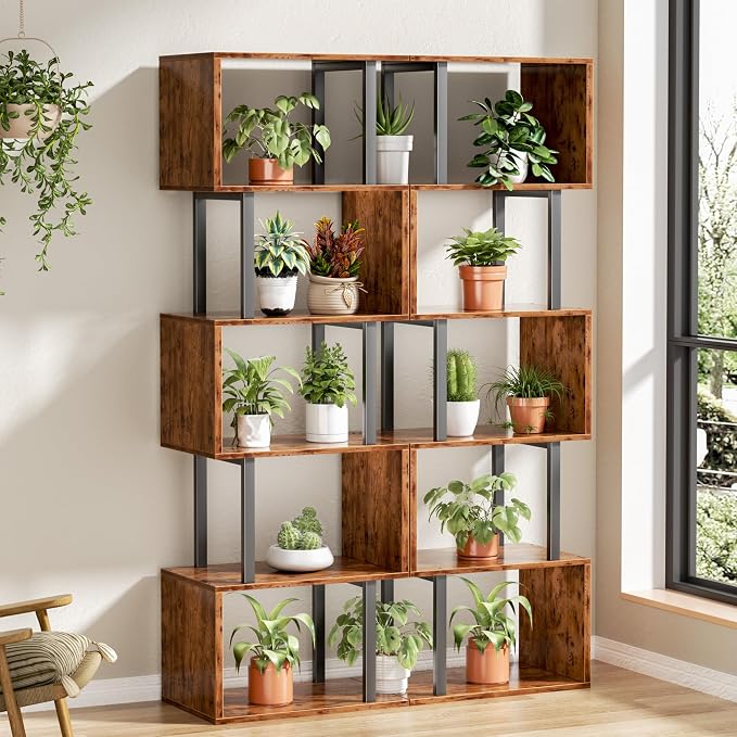Furologee 6 Tier Bookshelf, Tall S Shaped Geometric Bookcase, Modern Display Shelf Standing Unit, Wood Metal Decorative Divider Rack for Living Room Bedroom Office, Rustic Brown
