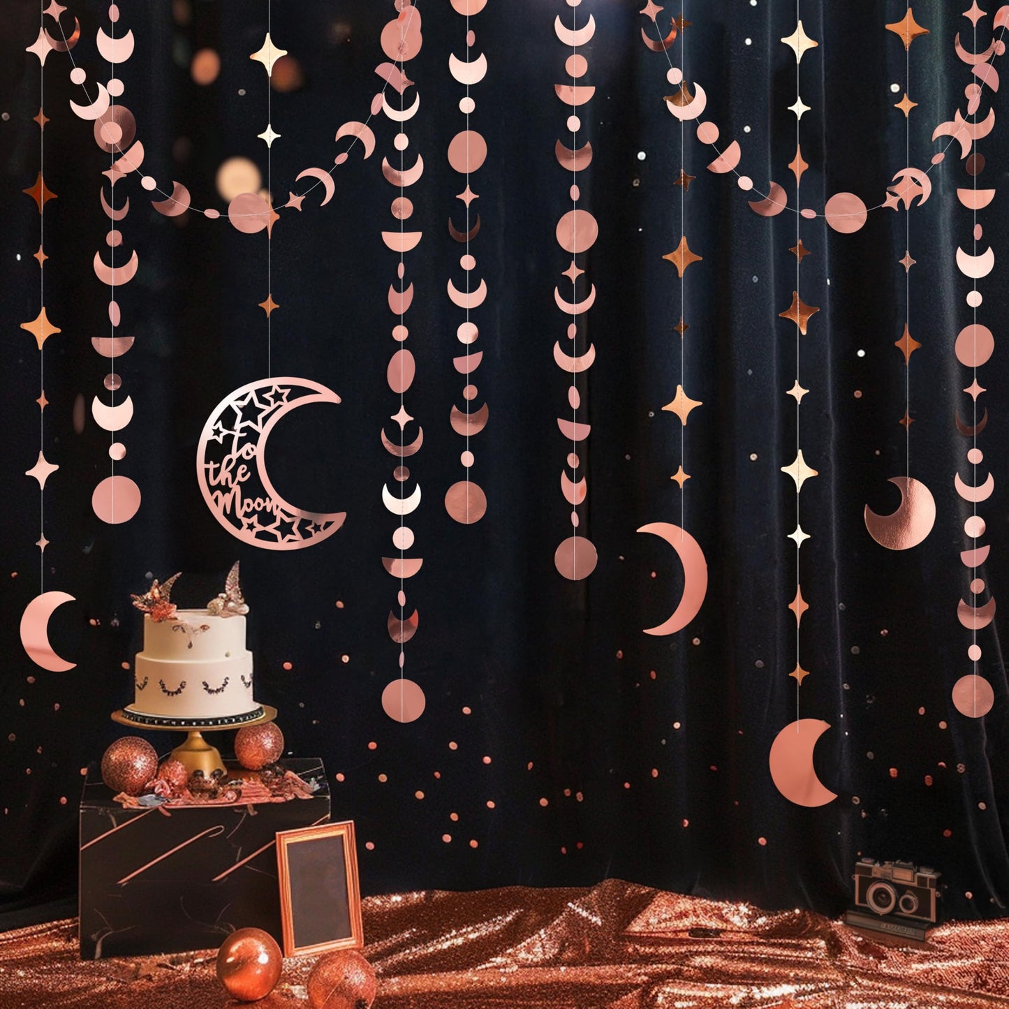 Cheerland Star Moon Garlands Party Decorations New Year Eve Decor Boho Celestial Moroccan Birthday Decor Hanging Streamer Crescent Stars Whimsical Ramadan EID Mubarak Rose Gold Party Supplies