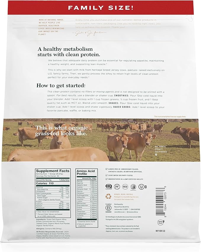 Natural Force Grass Fed Organic Whey Protein Powder ??Non GMO Verified, Humane Certified & Lab Tested for Toxins ??Real Vanilla Flavor ??Keto Friendly, Low Carb, and Kosher ??5 Pound A2 Protein