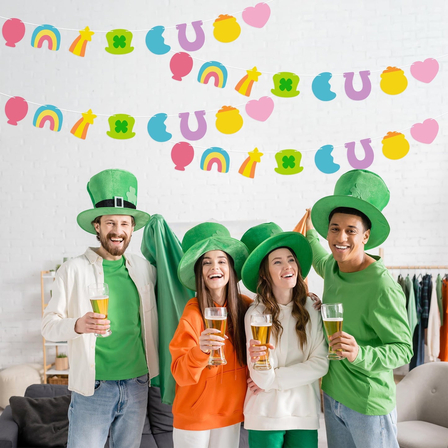 Qimgic St. Patrick's Day Banner - 4pcs Lucky Charms Hanging Garland Decoration, No DIY Needed Green Shamrock Clover Party Supplies Hang Paper Bunting for Home Classroom Fireplace Wall 8.5 Feet