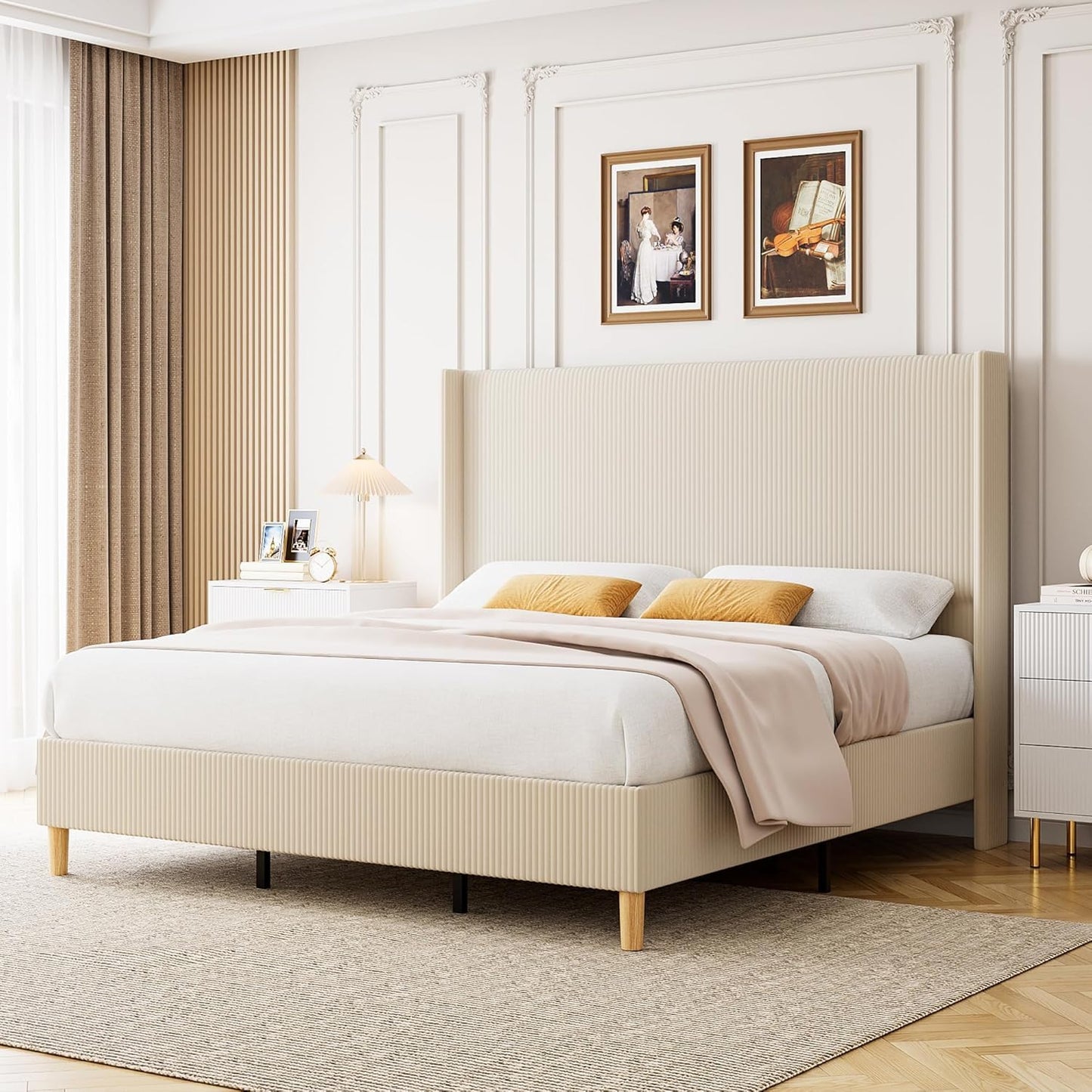 GarveeHome Queen Bed Frame, Upholstered Platform Velvet Bed Frame Queen Size with Vertical Channel Tufted Wingback Headboard, Strong Wooden Slats, No Box Spring Needed, Easy Assembly, Beige