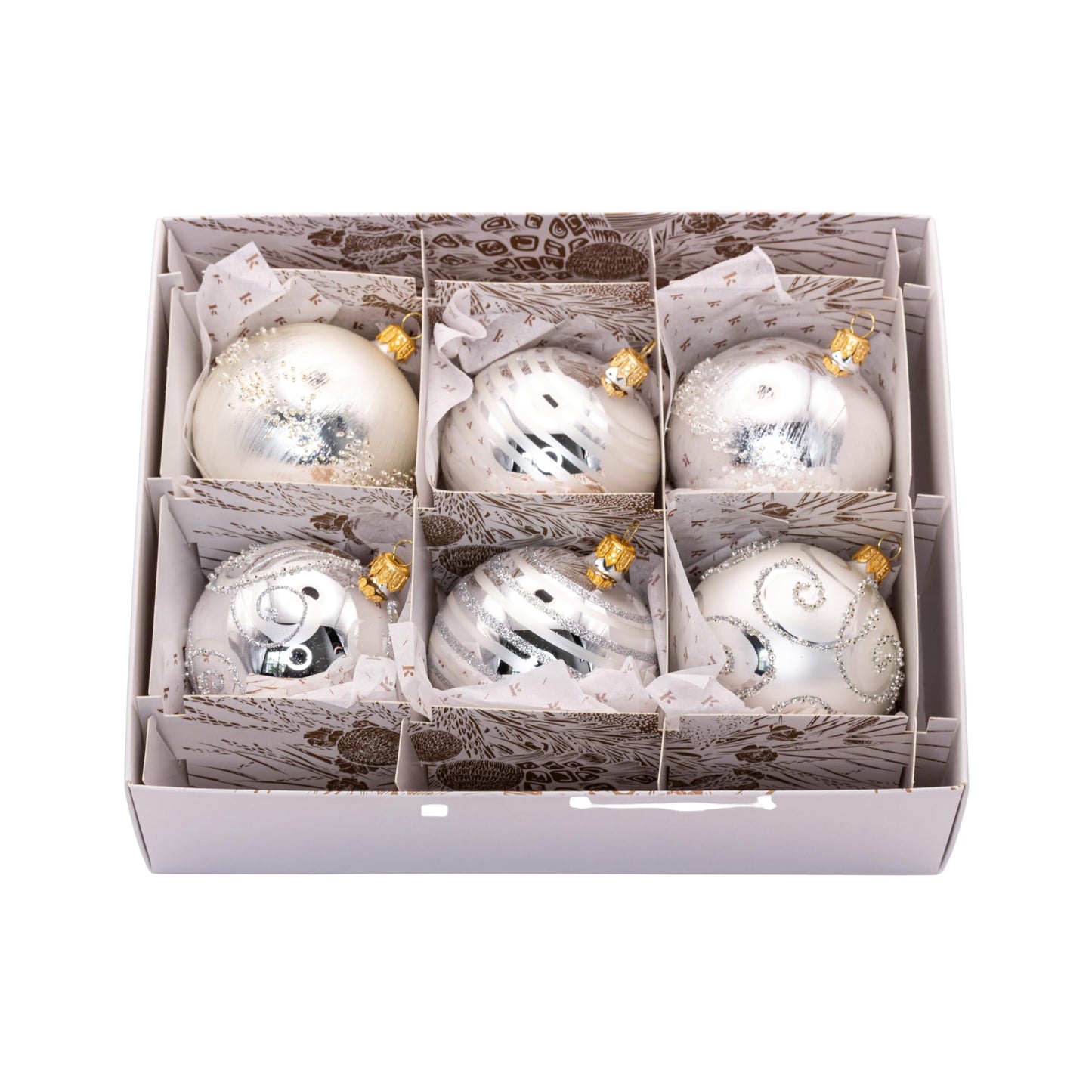 Luxury Handcrafted European Glass Christmas Ball Ornaments - Set of 6 - Silver & White - Satin & Shine - 8 cm - Mouth-Blown & Hand-Painted