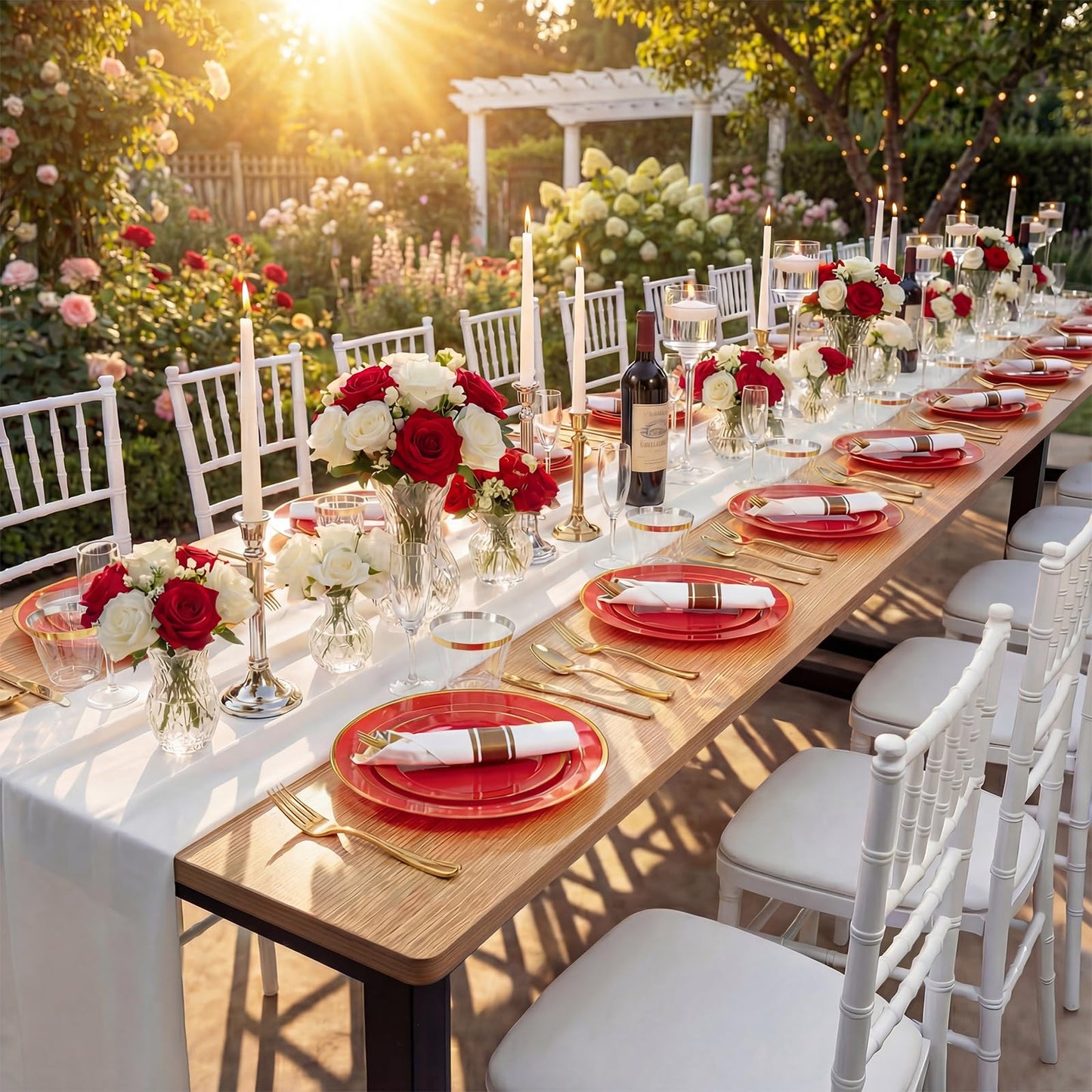 WDF Partyware 350Pieces Red Plastic Plates with Gold Rim Include 50Dinner Plate 10inch 50Dessert Plate 7inch 50 gold Cups 9 OZ, 50 Pre Rolled Napkins for Party/Baby Shower/Wedding/Spring/Mother's Day