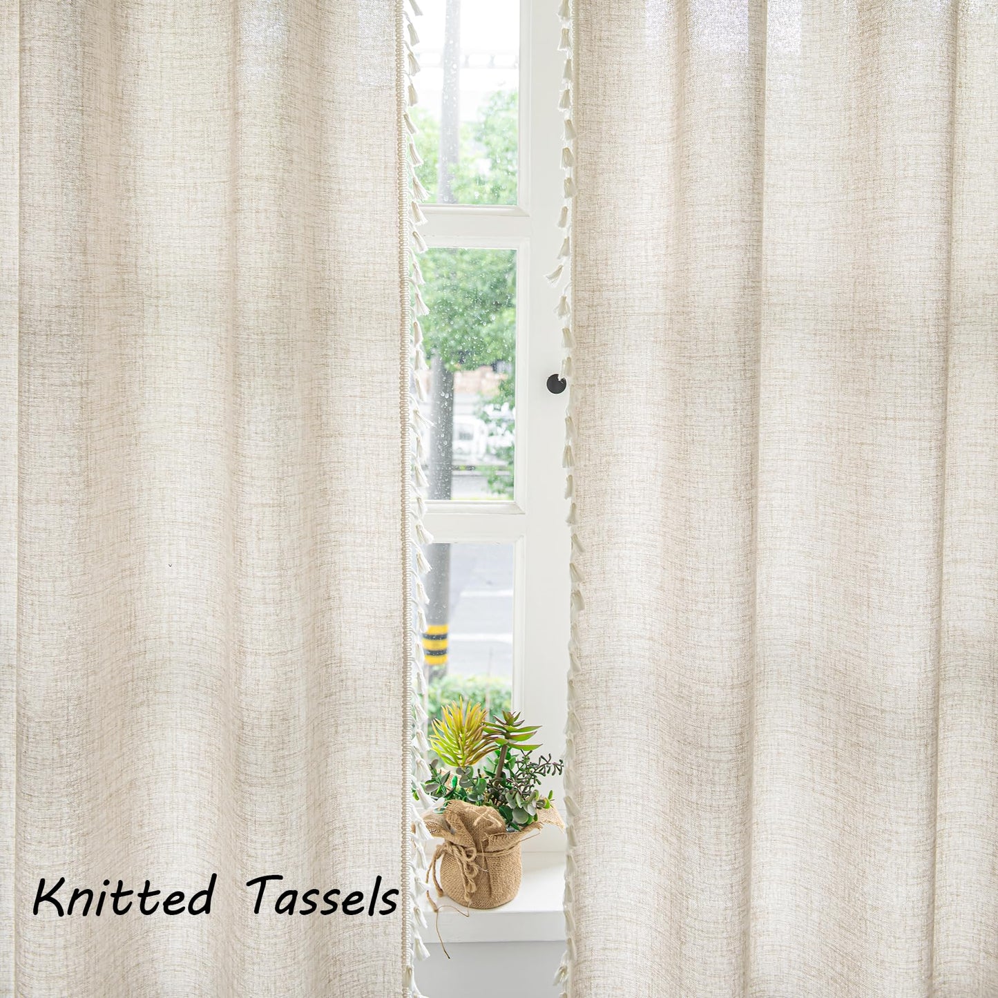 Setaback Boho Curtains for Bedroom Living Room 84 Inch 2 Panels with Tassels, Soft Linen Texture Semi Blackout Sheer Privacy Curtains Window Drapes Rod Pocket, 52" x 84", Natural, 2 Panels