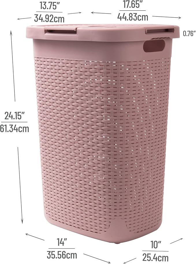 Mind Reader Slim Laundry Hamper with Lid, 60L Tall Clothes Basket, Narrow Tapered Design for Bathrooms, Closets and Laundry Rooms, Plastic, 2 Pack, Pink